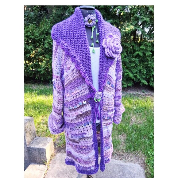 Purple Sequin Floral One of a Kind Sweater L/XL - Picture 2 of 10